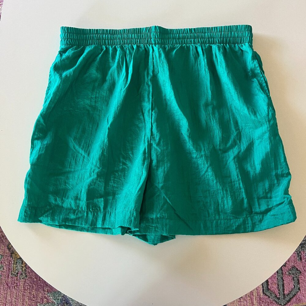 Vintage 80s Turquoise Nylon Track Shorts | Unisex The Body Co. Athletic M/L